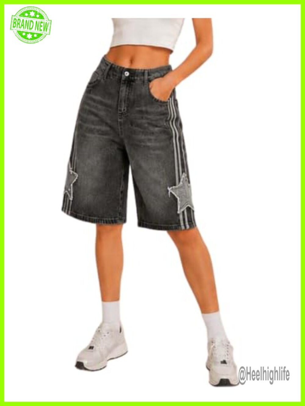 Baggy High Rise Y2K Denim Bermuda Shorts Star Print Wide Leg Jorts